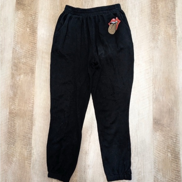 Pants - Rolling Stones Black Joggers with Pockets Leopard Print Tongue